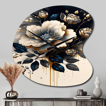 Black And Gold Camellia Bouquet II - Asymmetric Metal Wall Clock